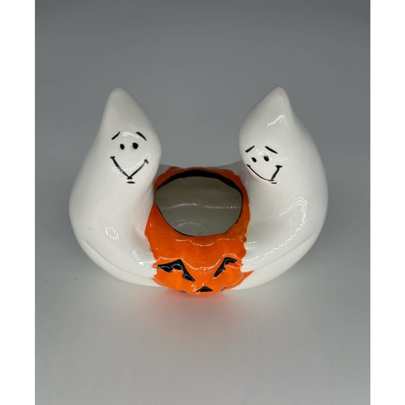 Vintage Halloween Ceramic Ghosts Holding Jack O Lantern Votive Candle Holder - Picture 9 of 14